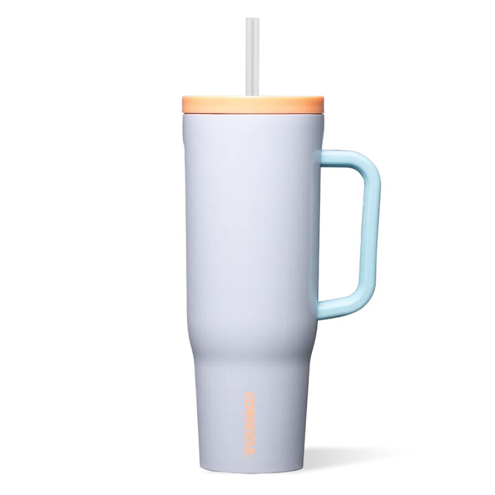 Grey tumbler with blue handle, clear straw and orange lid on a white background.