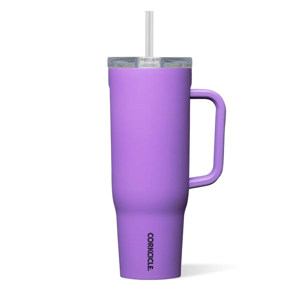 Purple tumbler with handle, straw and clear lid on a white background.