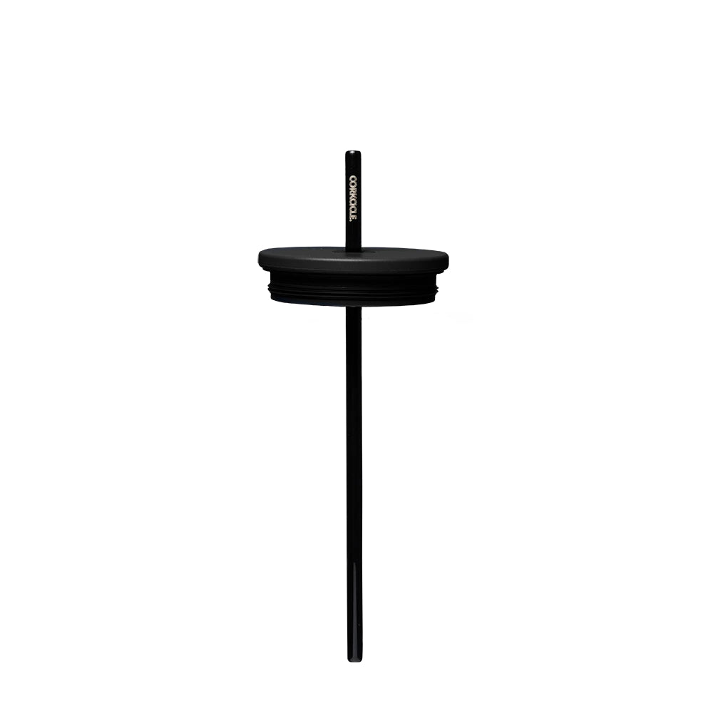 Black 24oz tumber cold cup lid with straw white background.