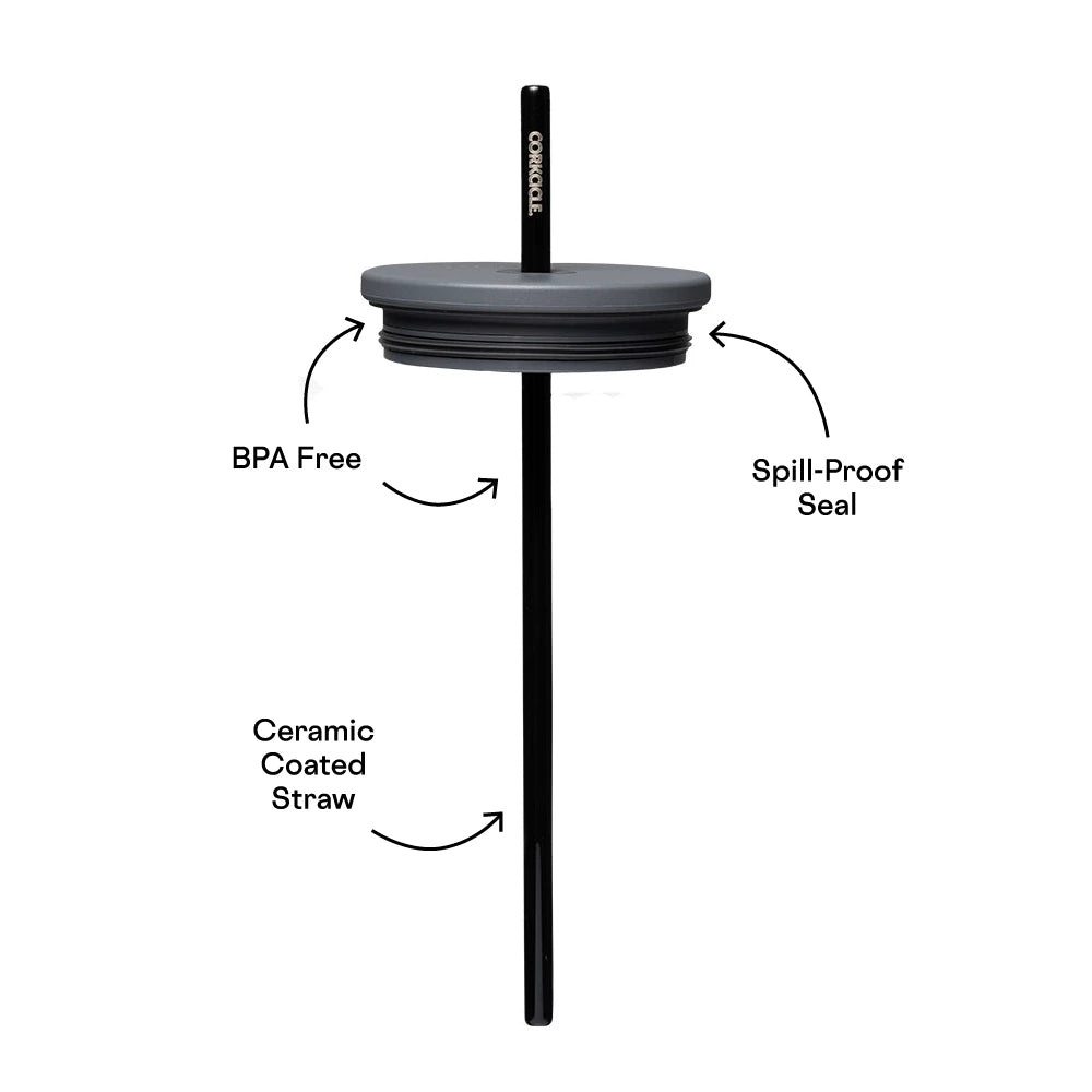 Black 24oz tumber cold cup lid with straw and black texted product info white background.