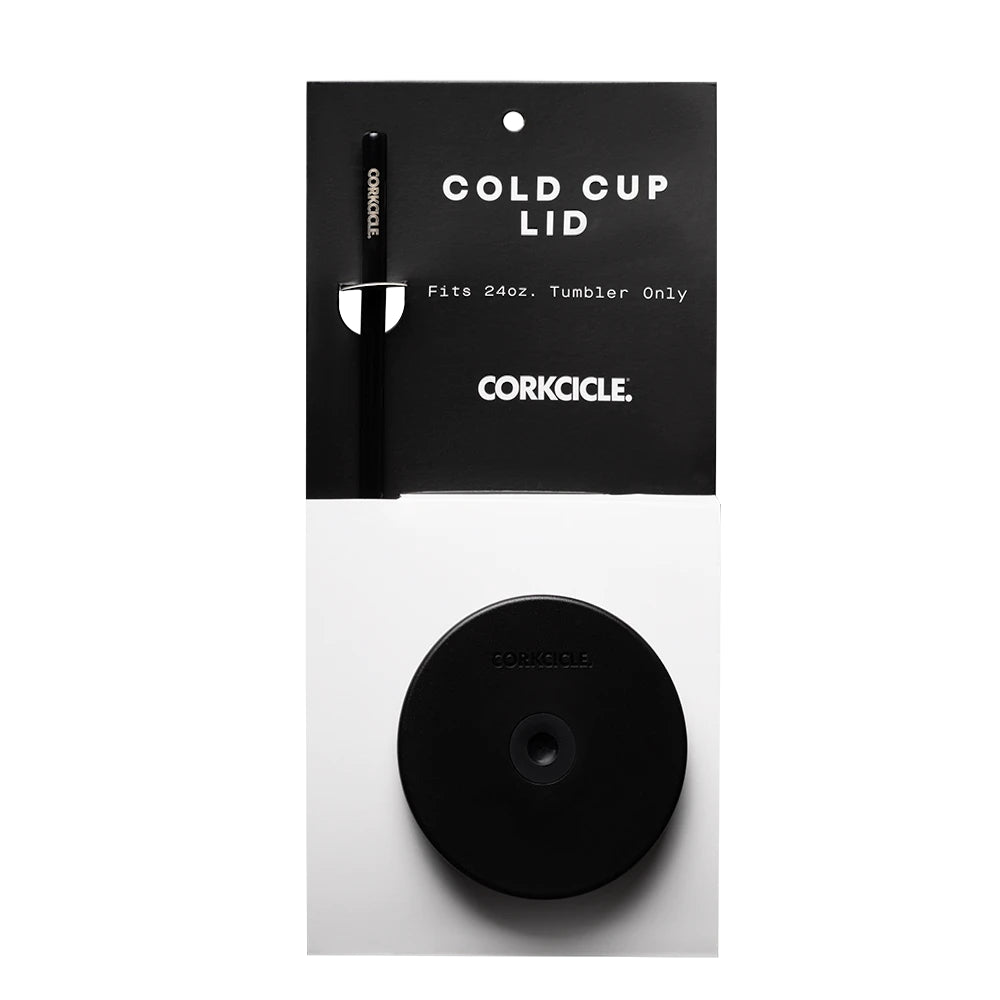 Black 24oz tumber cold cup lid with straw in packaging on a white background.