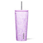 Purple 24oz cold cup with a floral design with a Corkcicle logo and sliver straw on a white backround. 