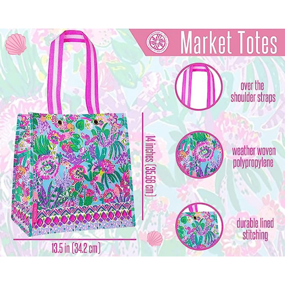 Market tote bag with floral design on a colorful packaging background.