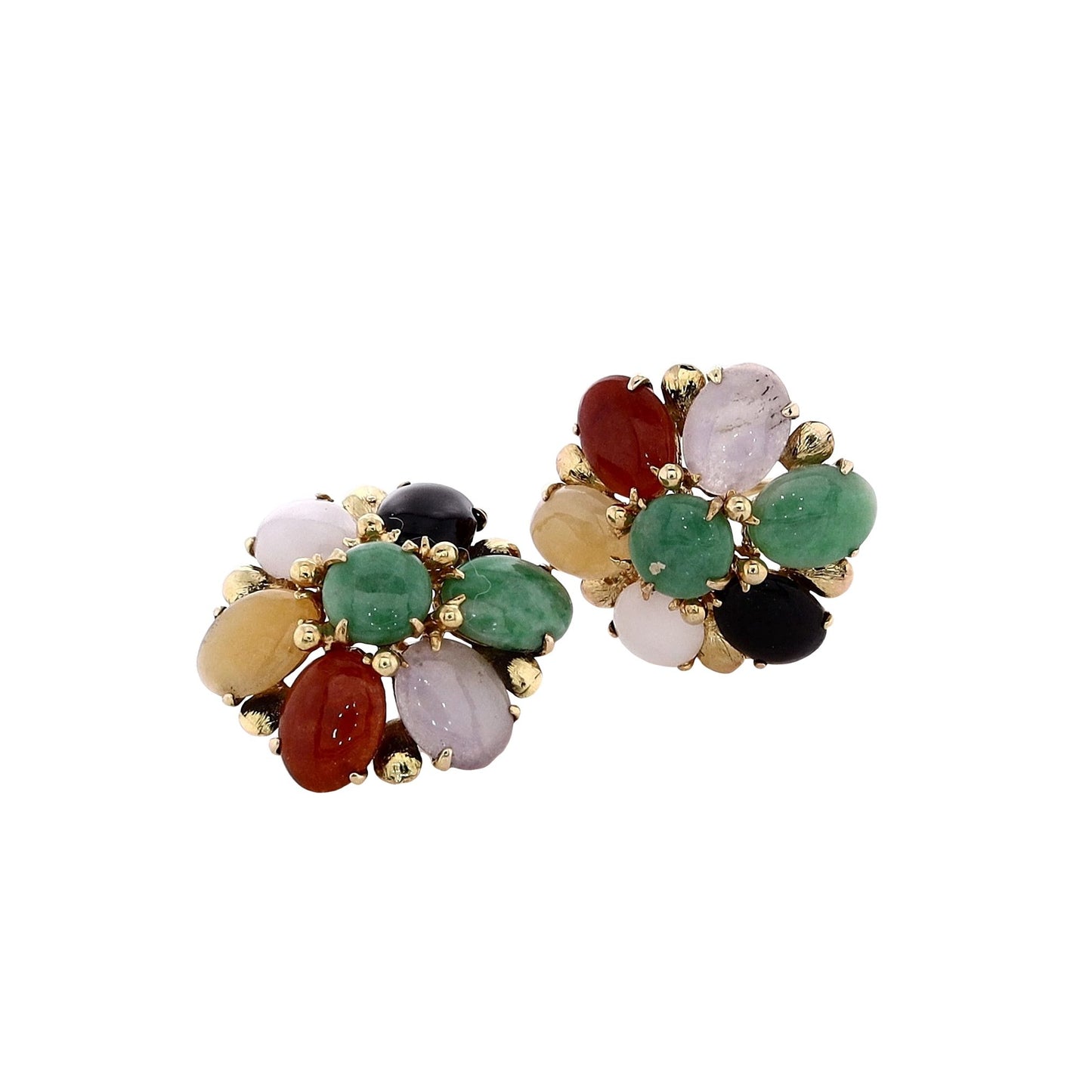 Estate 14k Yellow Gold Clip On Earrings with Multi-Colored Jade and Onyx Stones