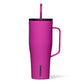 A purple Corkcicle Cold Cup XL with a flat handle and a silicone straw tab, triple insulated and cup holder friendly.