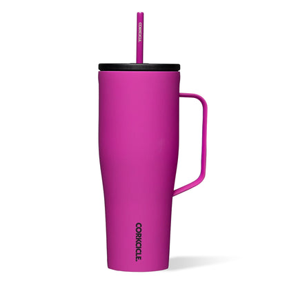 A purple Corkcicle Cold Cup XL with a flat handle and a silicone straw tab, triple insulated and cup holder friendly.