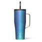 A blue Corkcicle Cold Cup XL with a flat handle and a silicone straw tab, triple insulated and cup holder friendly.