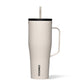 A beige Corkcicle Cold Cup XL with a flat handle and a silicone straw tab, triple insulated and cup holder friendly.