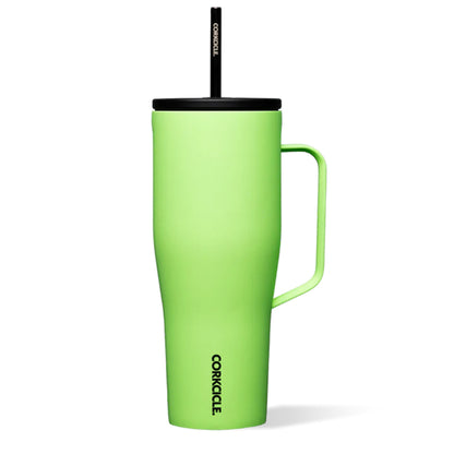 A neon green Corkcicle Cold Cup XL with a flat handle and a silicone straw tab, triple insulated and cup holder friendly.