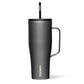 A graphite grey Corkcicle Cold Cup XL with a flat handle and a silicone straw tab, triple insulated and cup holder friendly.