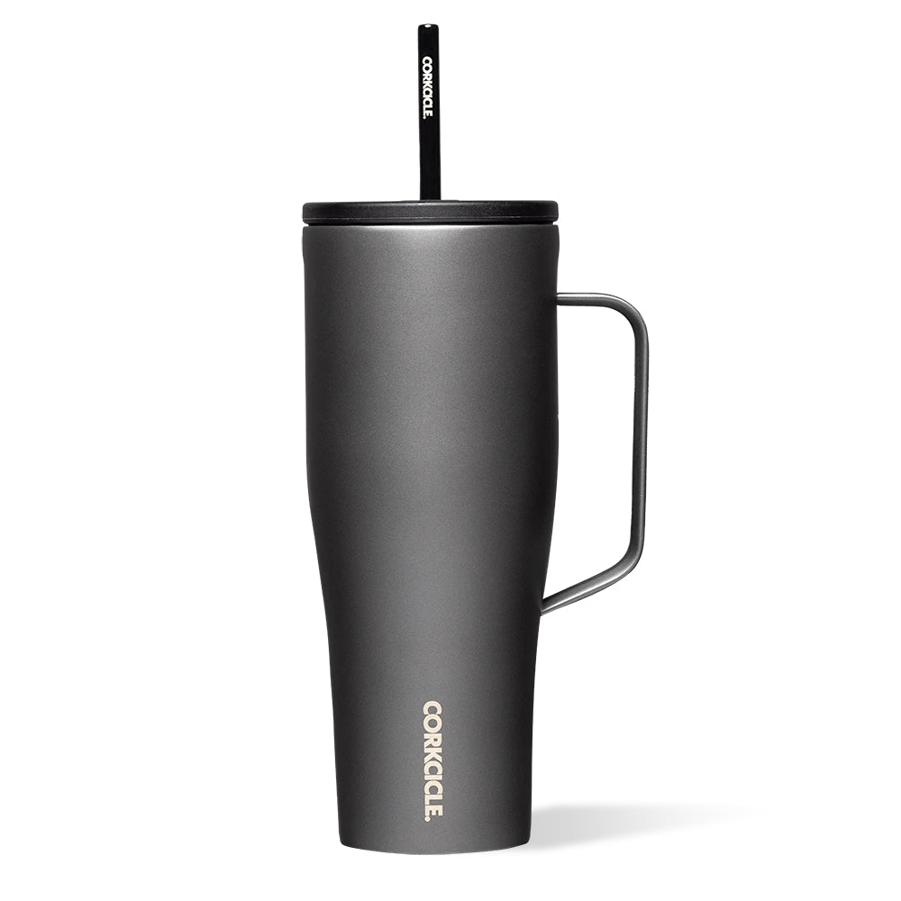 A graphite grey Corkcicle Cold Cup XL with a flat handle and a silicone straw tab, triple insulated and cup holder friendly.