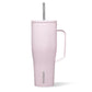 A light lavender Corkcicle Cold Cup XL with a flat handle and a silicone straw tab, triple insulated and cup holder friendly.