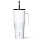A white Corkcicle Cold Cup XL with a flat handle and a silicone straw tab, triple insulated and cup holder friendly.
