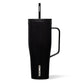 A black Corkcicle Cold Cup XL with a flat handle and a silicone straw tab, triple insulated and cup holder friendly.