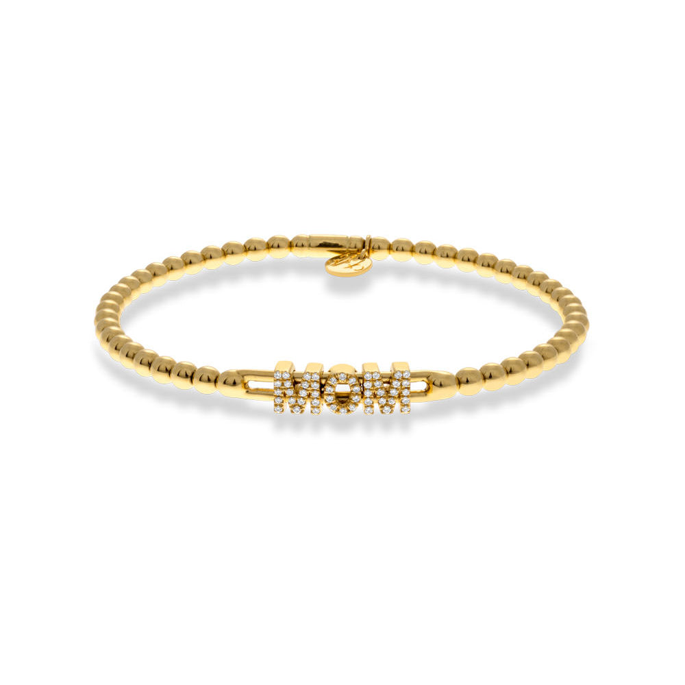 Hulchi Belluni 18k Gold Beaded Stretch Bracelet with Pave Diamond "MOM"