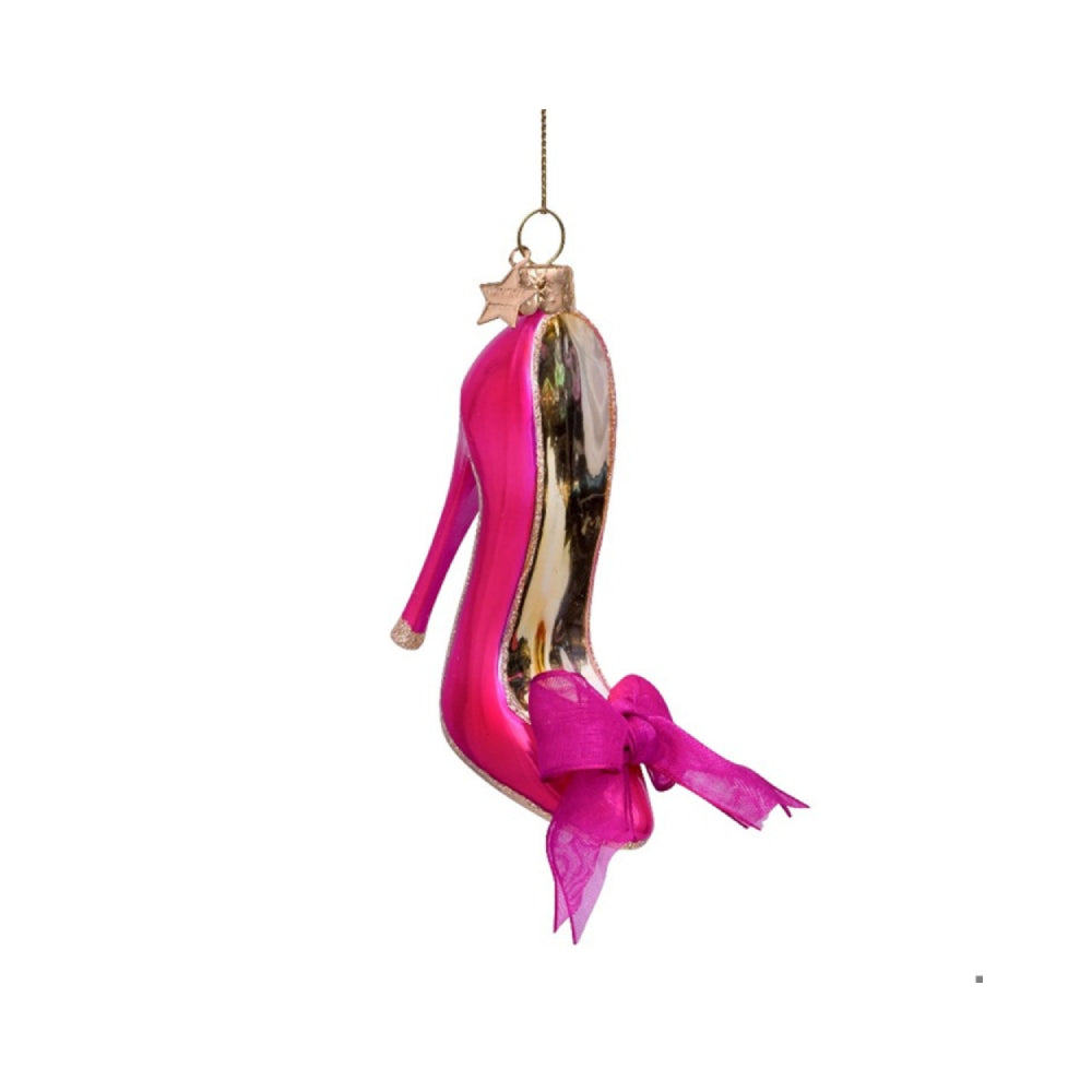 Glass ornament shaped like a high-heeled shoe with pink ribbon on a white background