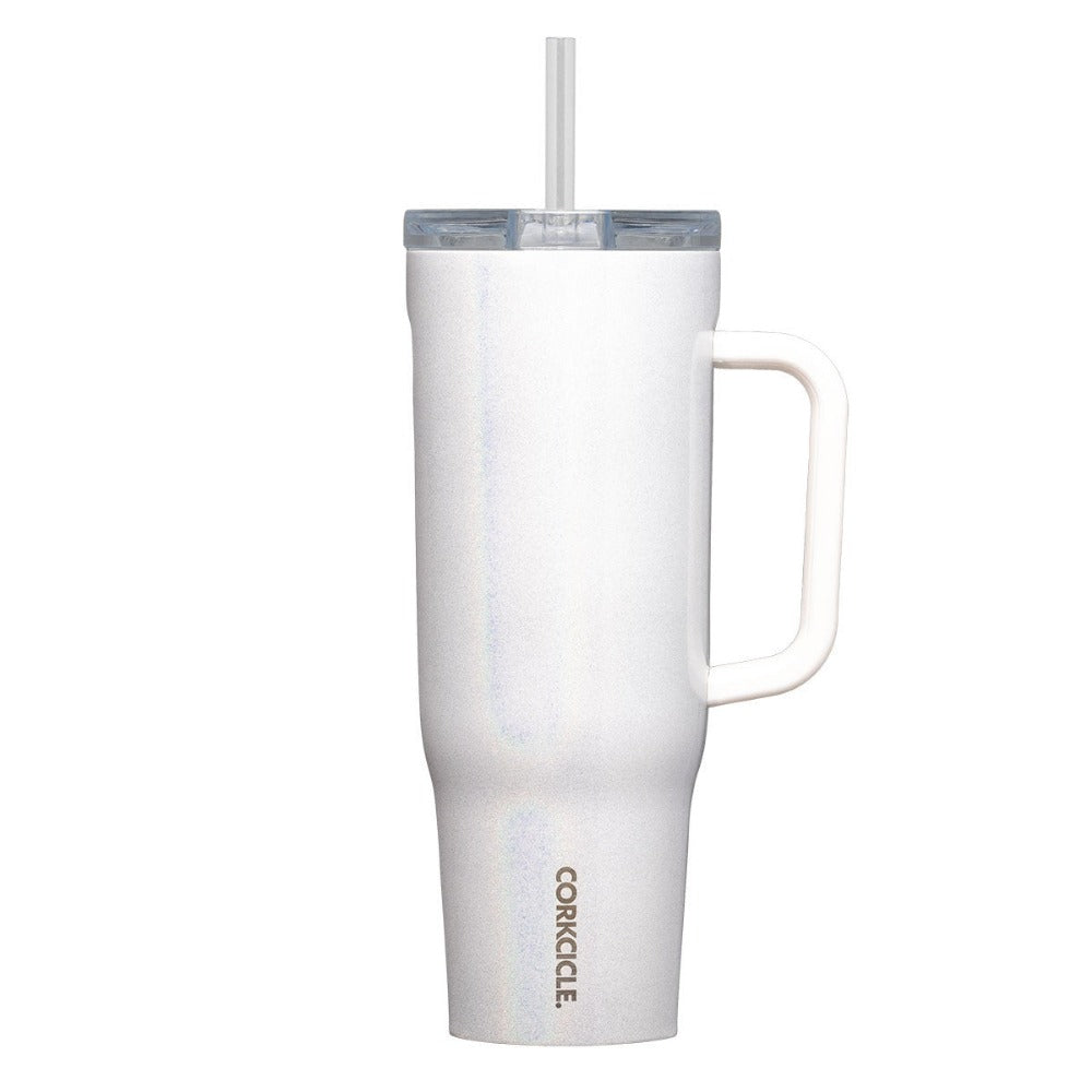 White insulated tumbler with handle and clear straw with lid on a white background.