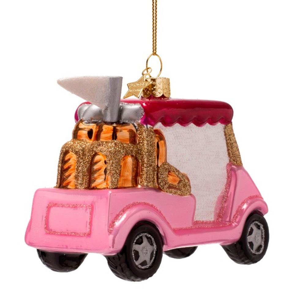 Pink toy truck ornament with a castle design on a white background