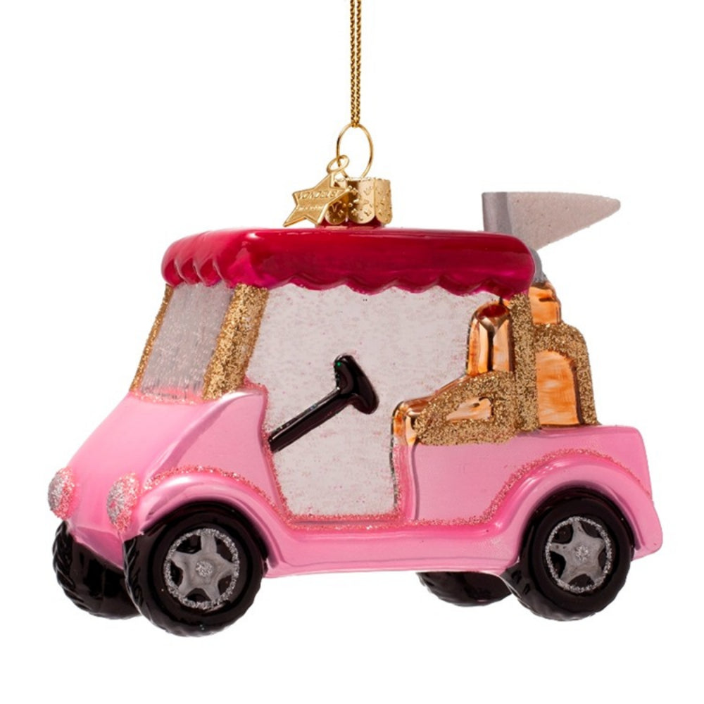 Pink golf cart ornament with a white interior on a white background