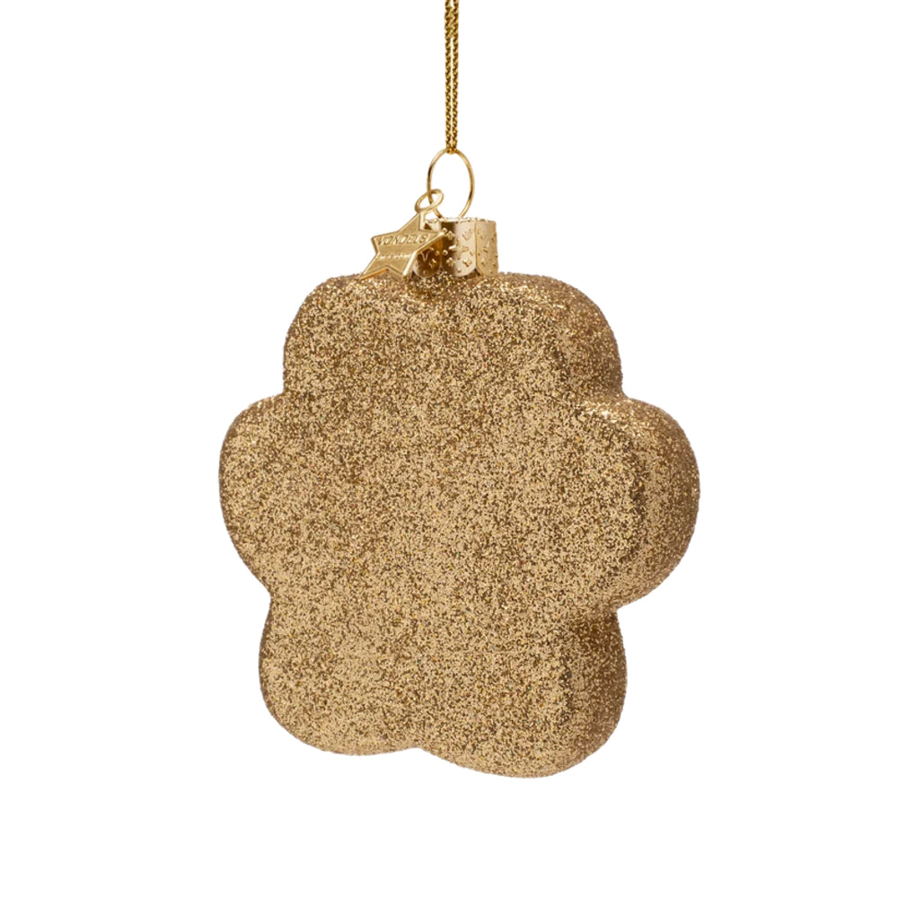 A gold glitter Christmas ornament shaped like a flower with a gold hanging string and a small gold star accent at the top, shown against a plain white background.