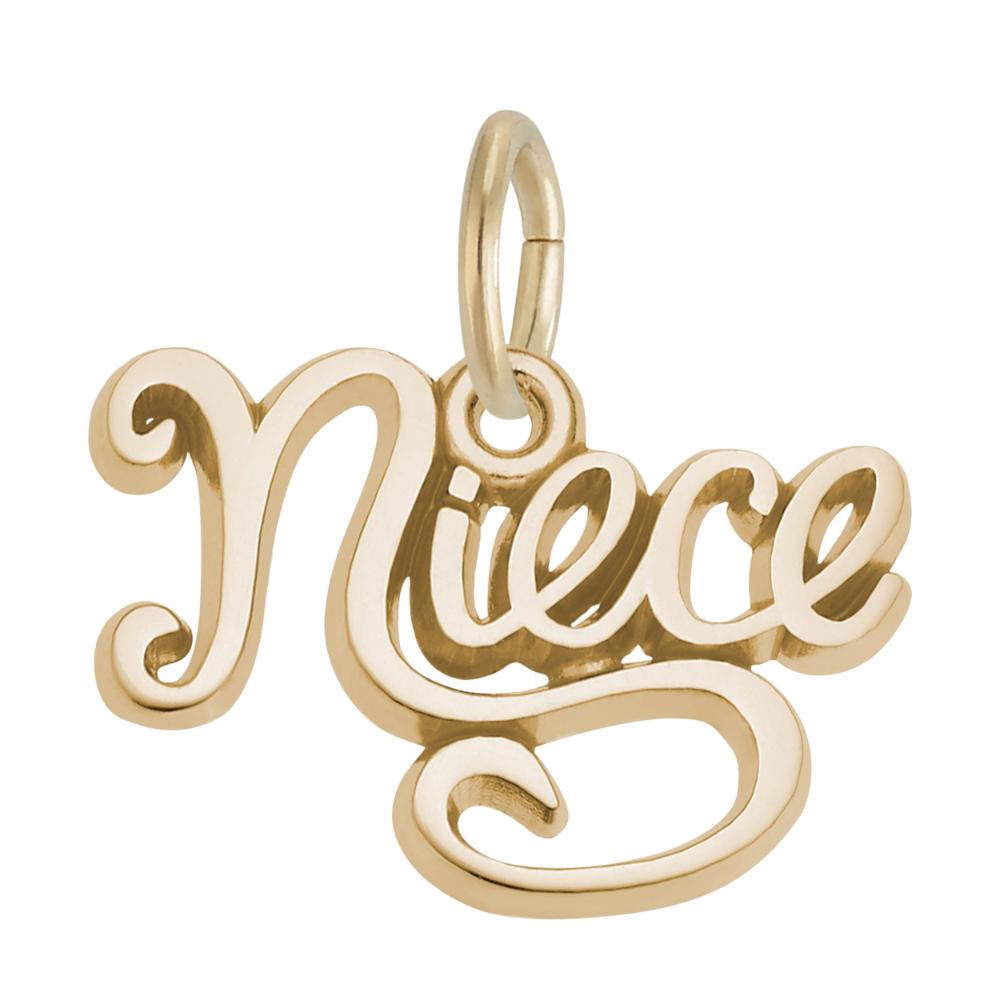 Gold 'Niece' charm on a white background