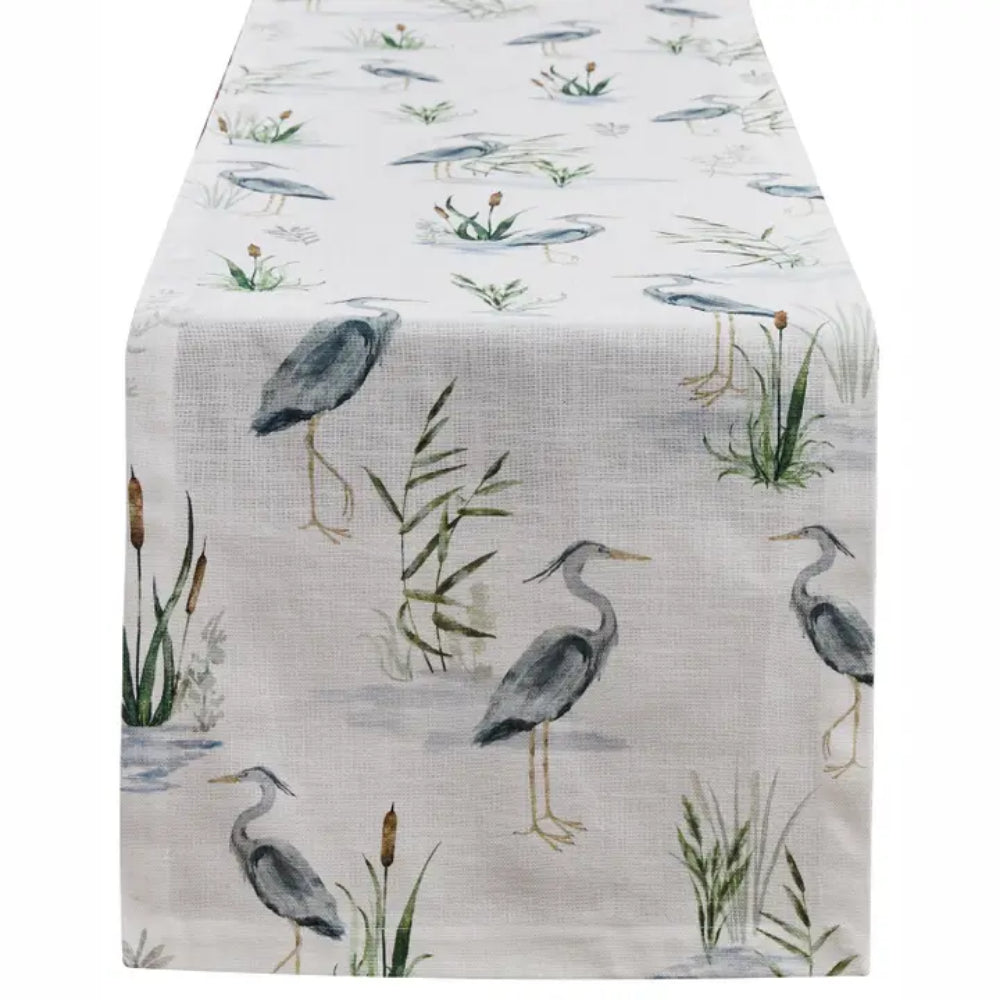 Blue Heron Table Runner on white background. Plant designs around Heron. 