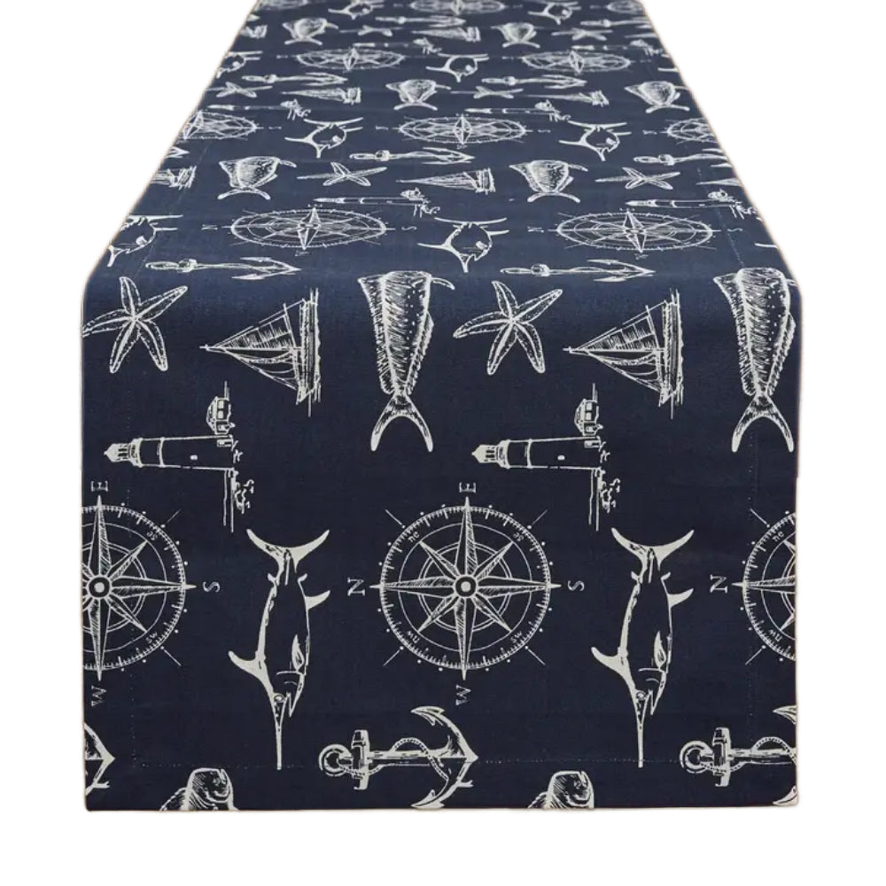 Navy table runner with compasses, sailboats, swordfish, and more designs on Captain's Quarters Table Runner. 