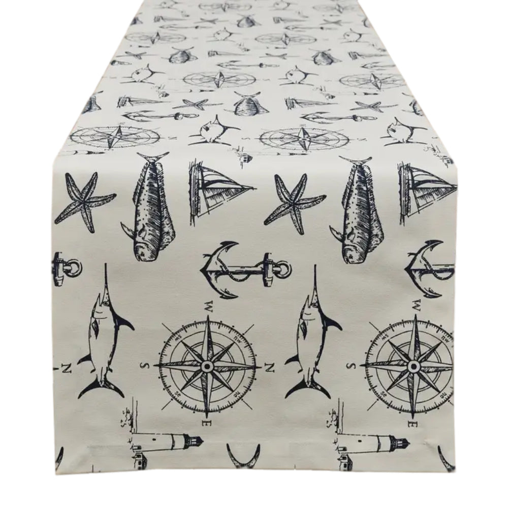 Table runner with white background color. Designs include compasses, swordfishes, anchors, and many more on Captain's Quarters themed table runner.