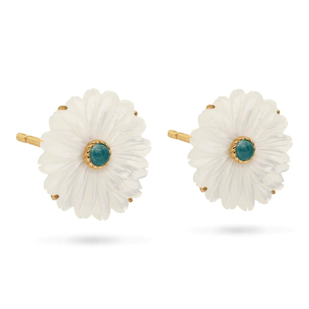 Capucine de Wulf Mermaid Garden Flower Stud Earrings In Mother of Pearl and Ocean Jade