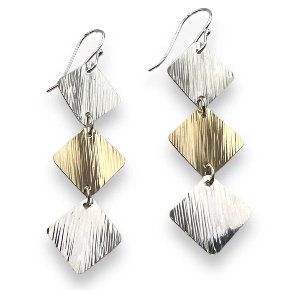 Sterling Silver Two-Tone Triple Diamond-Shape Textured Earrings