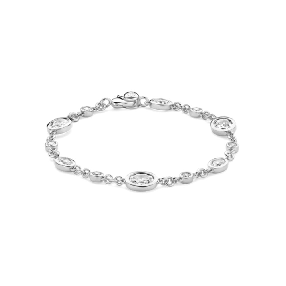A silver chain bracelet with oval bezel-set clear stones,