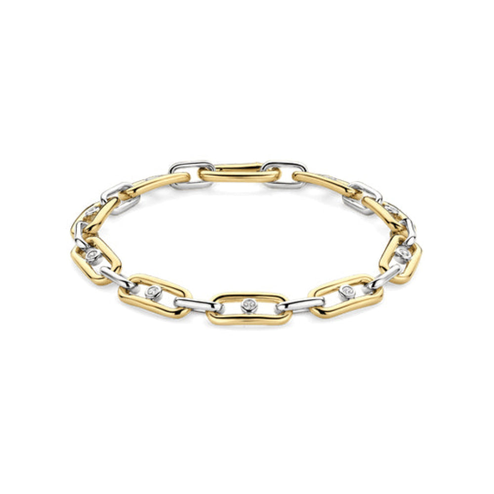 A two-tone chain link bracelet featuring polished yellow gold and silver-toned metal links, with small clear gemstones set in alternating links