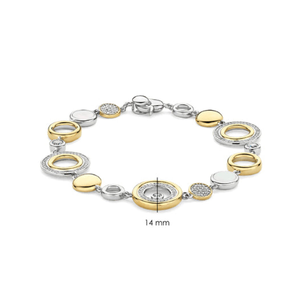A two-tone yellow gold and silver chain bracelet with circular and oval links, shown on a white background with a '14 mm' size indicator overlay.