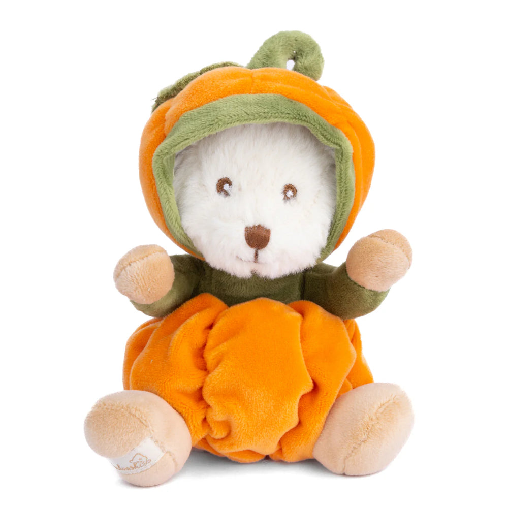 A white  teddy bear in an orange pumpkin costume on a white background.