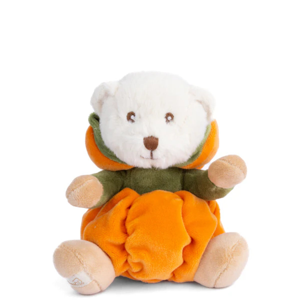 A white teddy bear in an orange & green hooded pumpkin outfit with the  hood down on a white background.