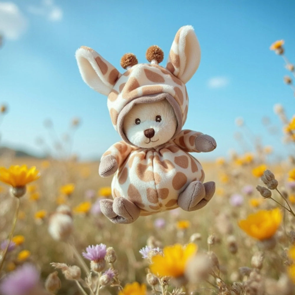 Teddy bear in giraffe themed robe in a field of flowers with a blue sky.