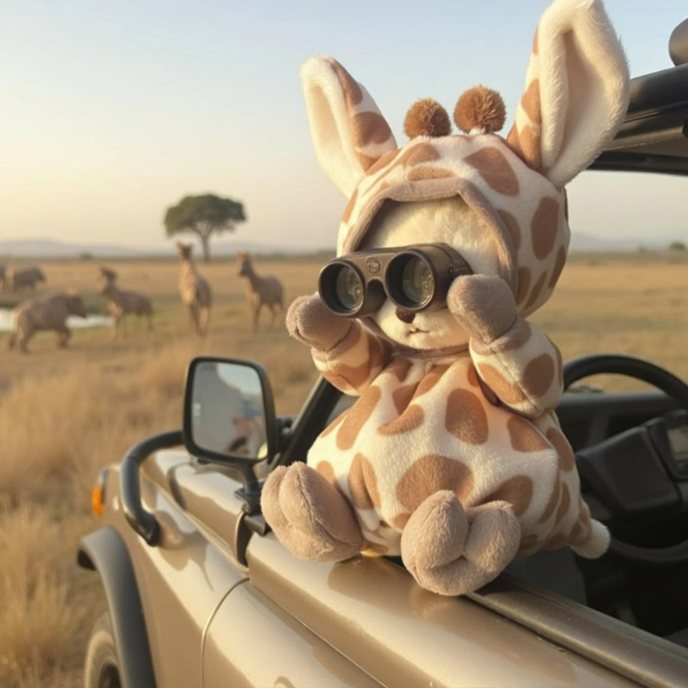 Teddy bear in giraffe themed robe with binoculars on a car window with a safari background.