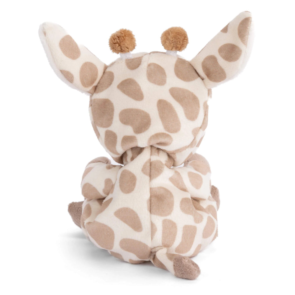 A photo of the back of a teddy bear dressed in a giraffe robe with a hood on a white and brown pattern on a white background.