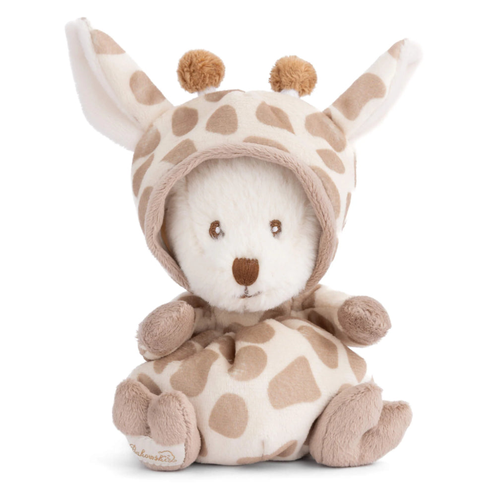 Teddy bear dressed in a giraffe robe with a hood on a white and brown pattern on a white background.