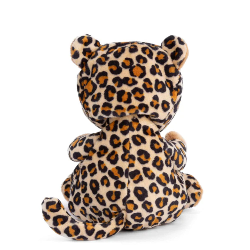 A photo of the back of a stuffed animal  with leopard print outfit on a white background.