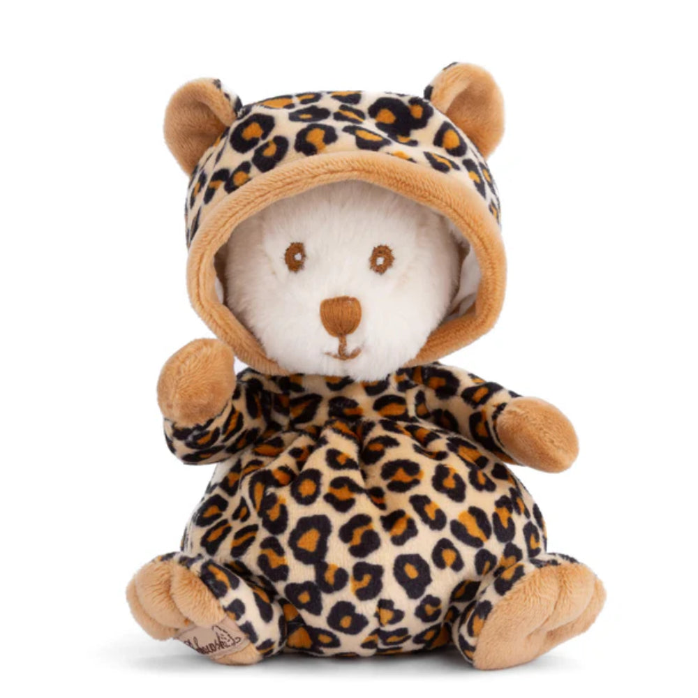 Stuffed animal toy with leopard print hoodie on a white background