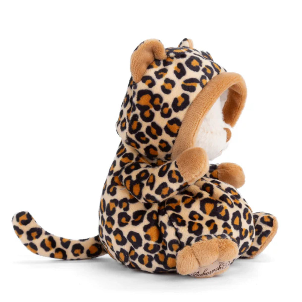 A photo of the side of a stuffed animal  with leopard print outfit on a white background.