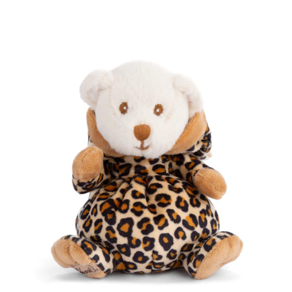 Stuffed bear with leopard print outfit with on hood on on a white background.