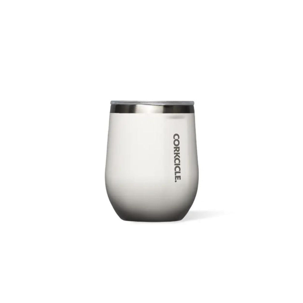 White wine tumbler with silver rim and Corkcicle logo on a white background.