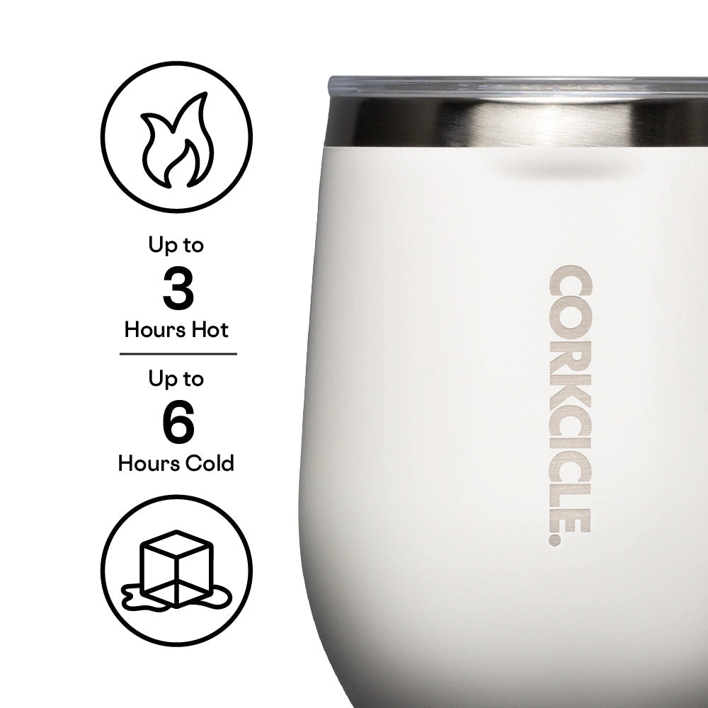 Corkcicle insulated tumbler with temperature retention information text and logo in black on a white background.