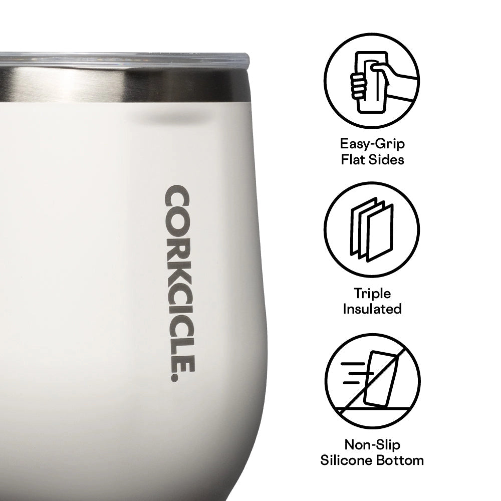 Corkcicle tumbler with features listed in black on a white background.