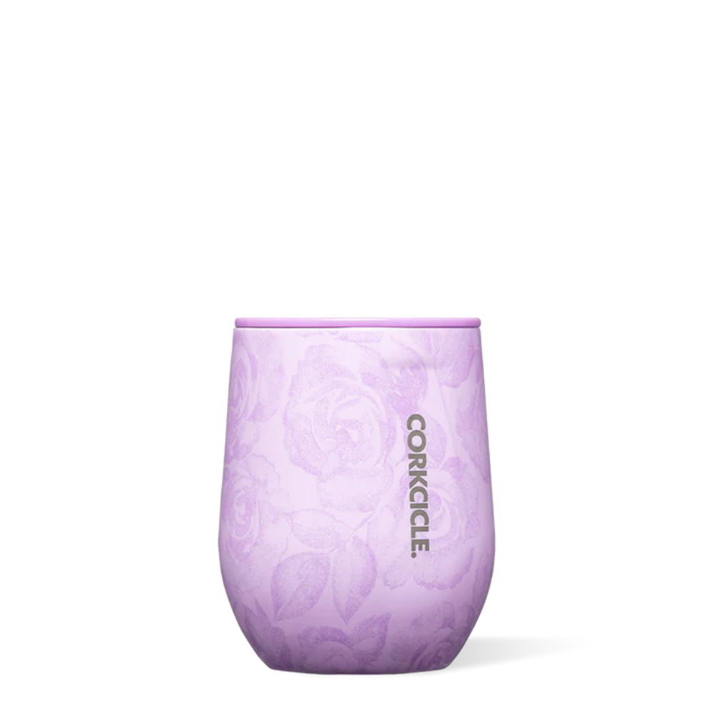 Purple tumbler with floral pattern and Corkcicle logo on a white background