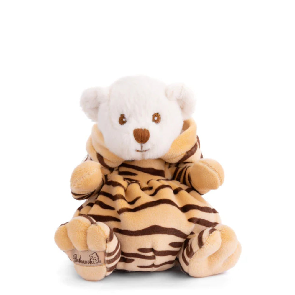 Plush toy bear wearing a tiger-striped robe not wearing the hood on a white background.
