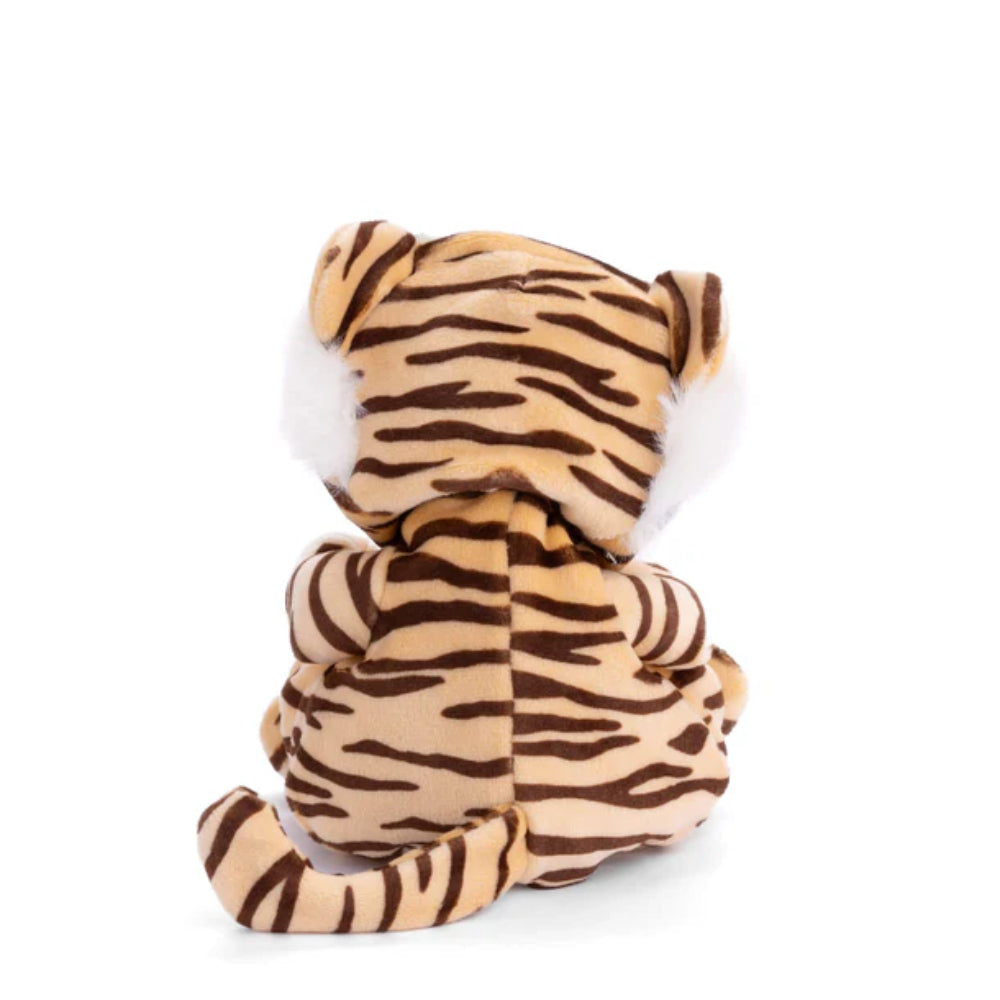 A photo of the back of a teddy bear in a tiger robe toy with brown and black stripes on a white background.