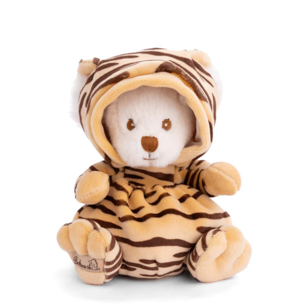 Plush toy bear in a tiger costume on a white background.